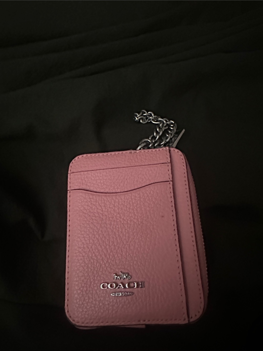 Coach Pink Pebbled Leather Card Case with Silver Chain